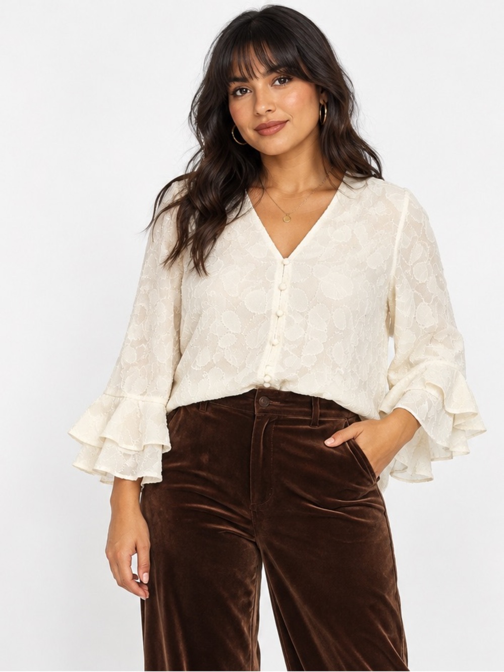 LOFT Large Ivory Floral Textured Ruffle Sleeve Blouse